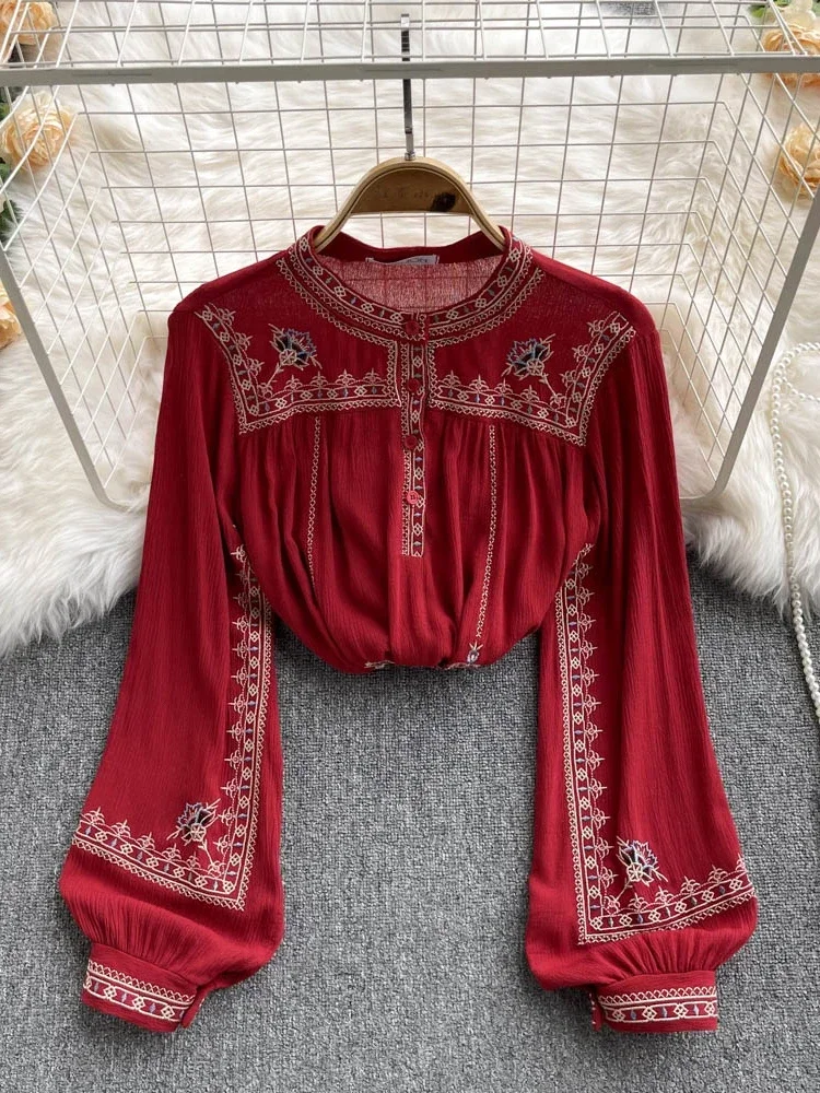 Fashion Versatile Embroidery Shirt Women\'s Spring Autumn New Stand Collar Bohemian Loose Blouse Womens Tops  G03