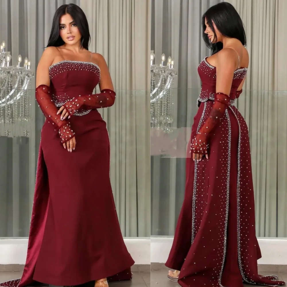 

Customized Chinese Style Jersey Sequined Pleat Trumpet Strapless Midi Dresses Bespoke Occasion Exquisite