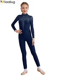 Kids Girls Long Sleeve Figure Skating Unitard Dance Gymnastics Leotard Sparkly Rhinestone Jumpsuit Bodysuit Competition Costume