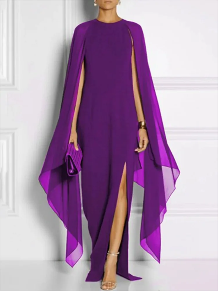 Yeezzi 2025 New Spring Women's Elegant Cape Sleeves Purple Evening Dresses Fashion Solid Color Split-side Party Banquet Dress