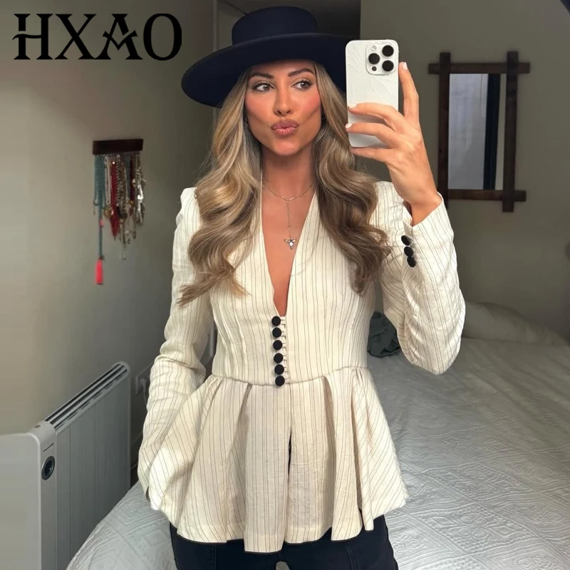 

HXAO Striped Ruffled Blazer Woman Spring Summer 2026 Casual Fitted Button Long Sleeve Blazers For Woman Office Wear Suit Jacket