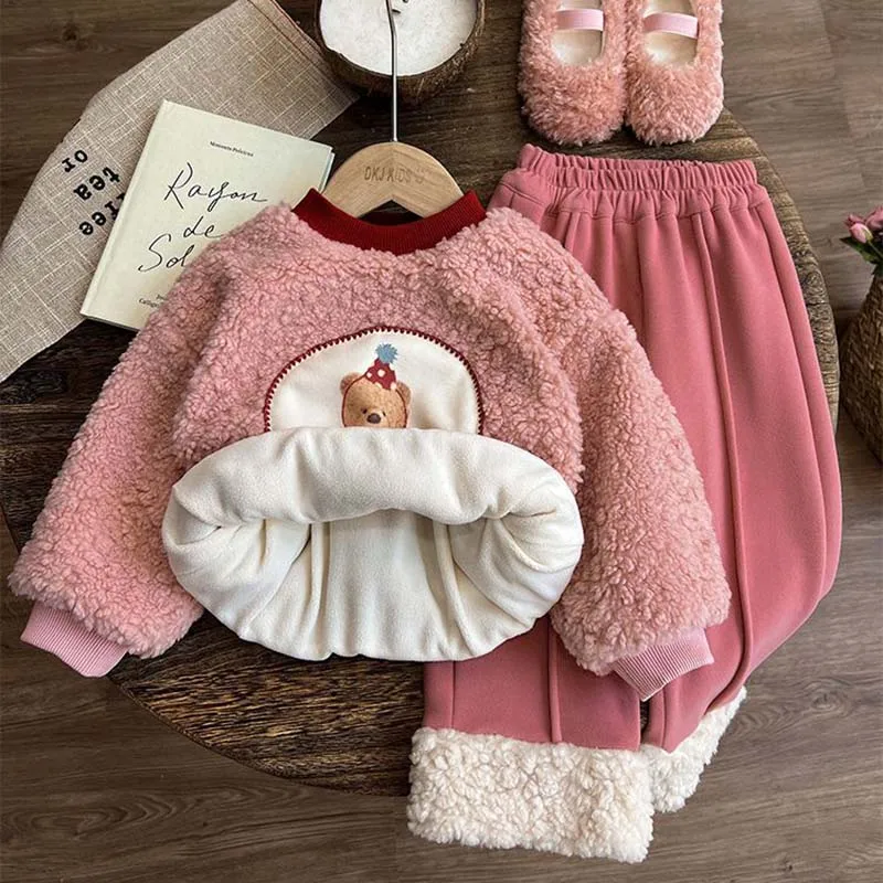 

Winter Plush Children's Sets Girls' Wool Sweater Set Thick Baby Girls' Lamb Wool Sweater Long Pants Two-piece Set