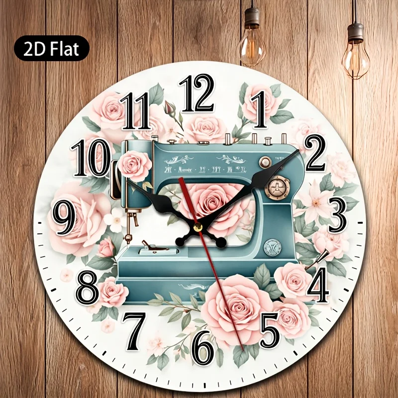 1pc,2D Flat Wall Clock,Blue Vintage Sewing Machine with Pink Roses for Living Room, Bedroom, Study, Dining Room, Office