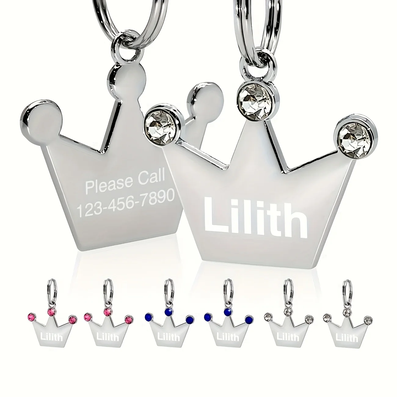 

2Pcs【Personalized Custom Pet Tags】Laser-Engraved Name and Phone Number, Crown Rhinestone Tag, Laser-Engraved Dog Tag, Cat Tag, Anti-Lost Pet Tag, Three Color Options