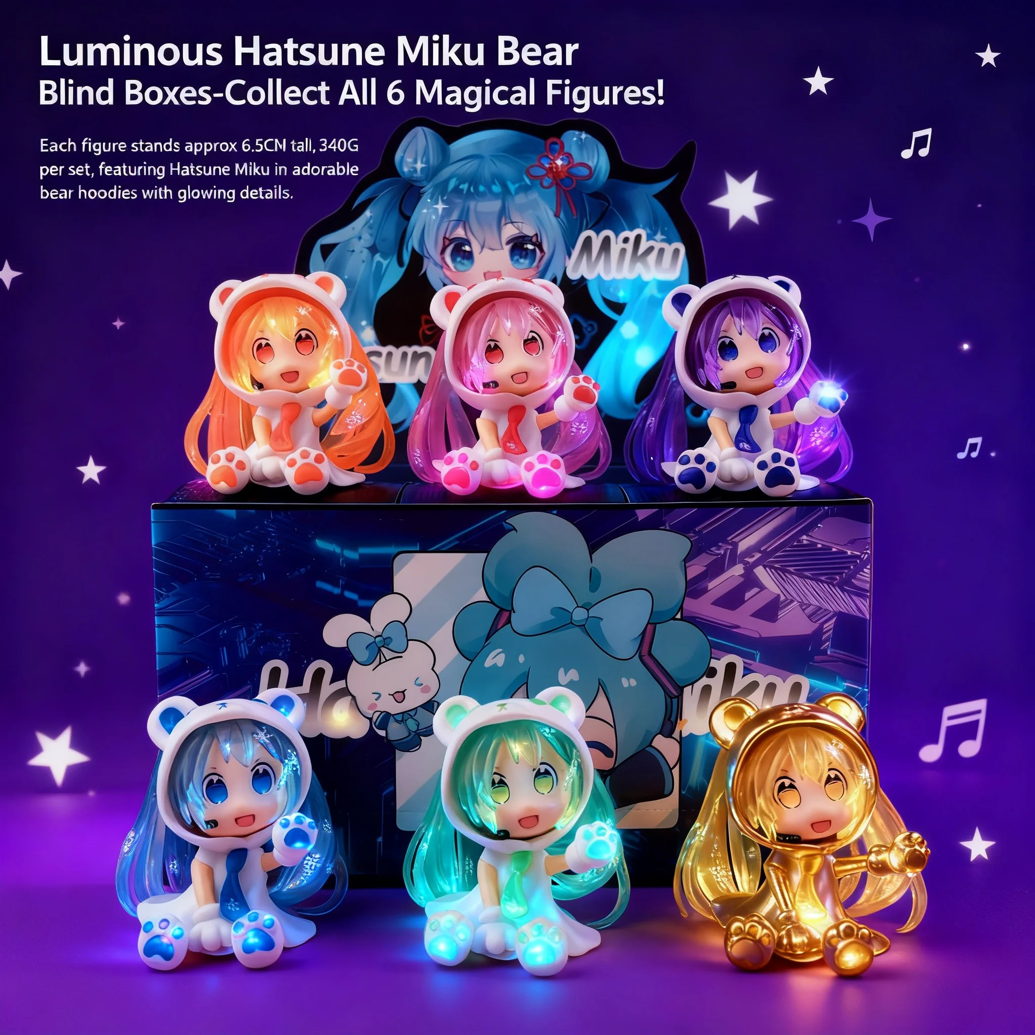 Figura de Oso Hatsune Miku que Brilla en la Oscuridad, Caja Sorpresa, Modelo de Juguete de Anime Luminoso, Gashapon, Premio para Máquina de Grúa, Adorno para Coche