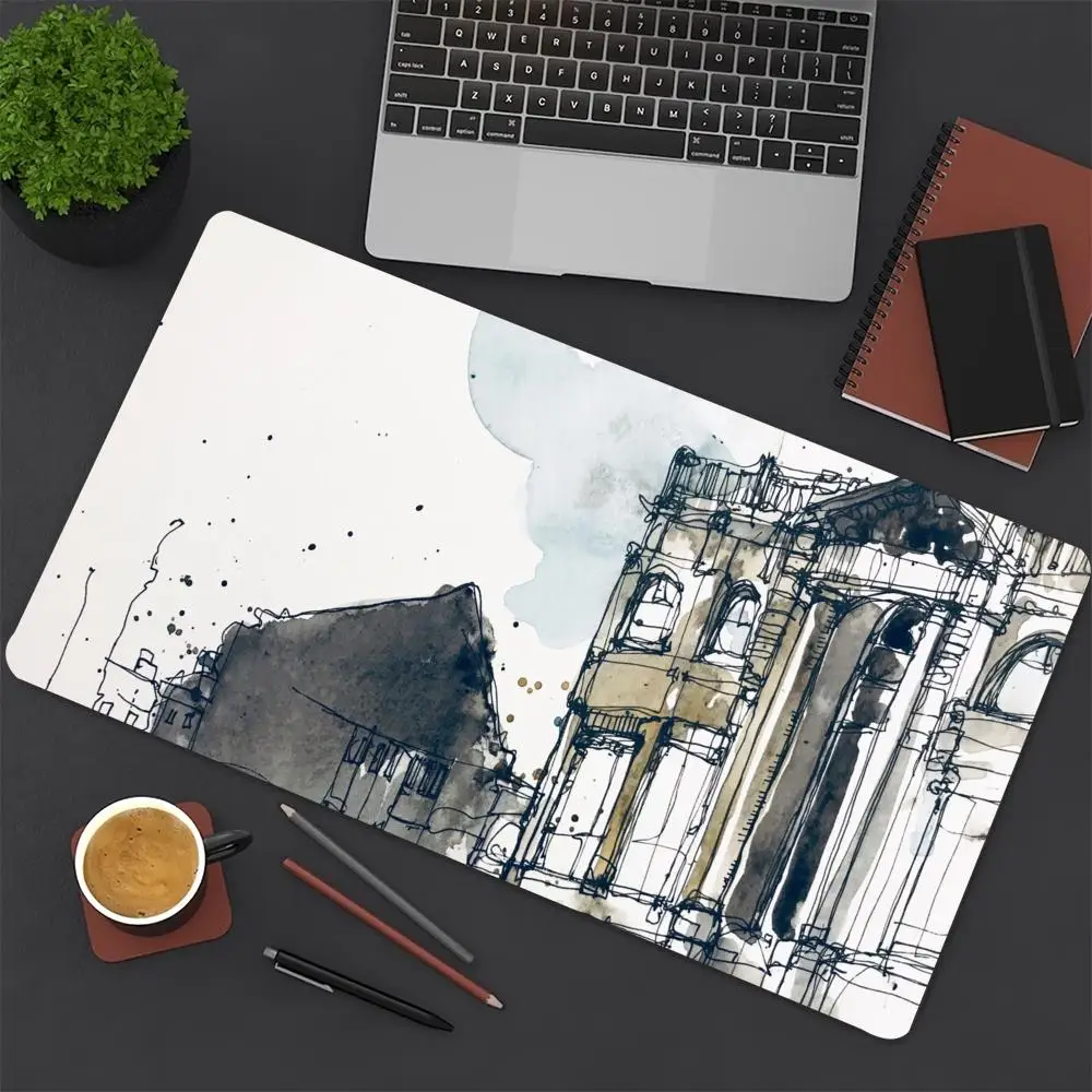 Urban Building Sketch Extended Gaming Mouse Pad Non Slip Desk Surface Vintage Watercolor City Architecture Art Print For Gaming