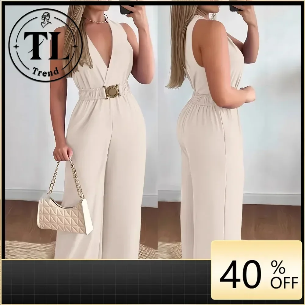 Women Deep V Neck Sleeveless Jumpsuit Spring Summer Sexy Wide Leg Flattering Casual Soft Breathable Flattering Comfy New
