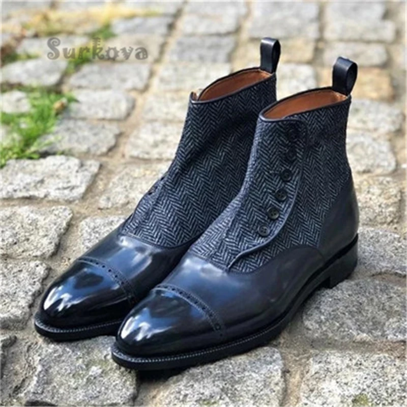 Flat Wedges Pu Leather Ankle Boots Fashion Pointed Toe Button Metal Decoration Suede Casual Men\'s Shoes Large Size Short Boots