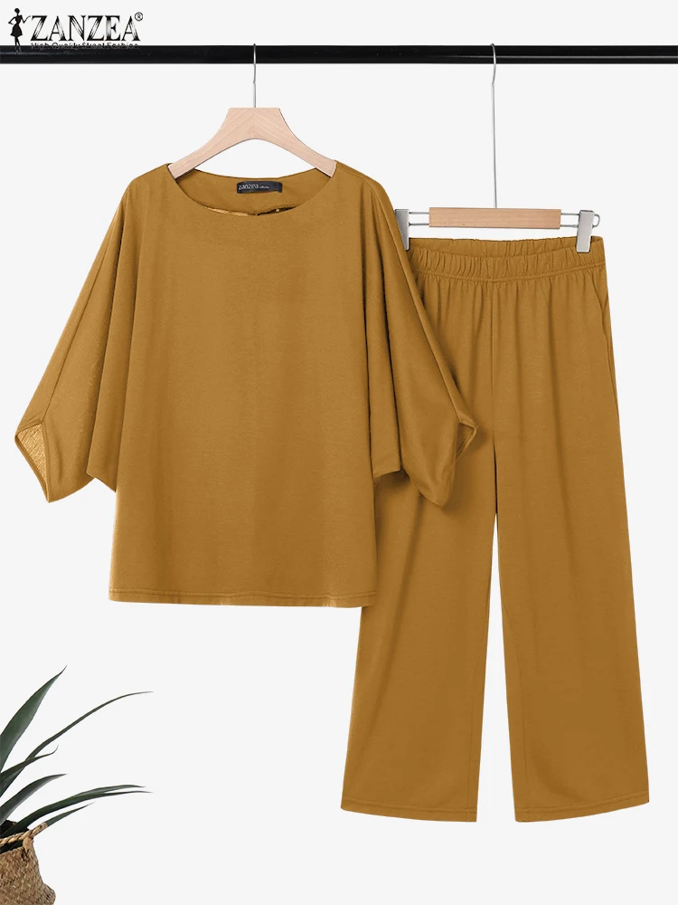 

ZANZEA комплекты брюк оверсайз, женские комплекты из двух предметов, модные топы и брюки с рукавами «летучая мышь» 2025 года, повседневные однотонные свободные уличные одинаковые комплекты