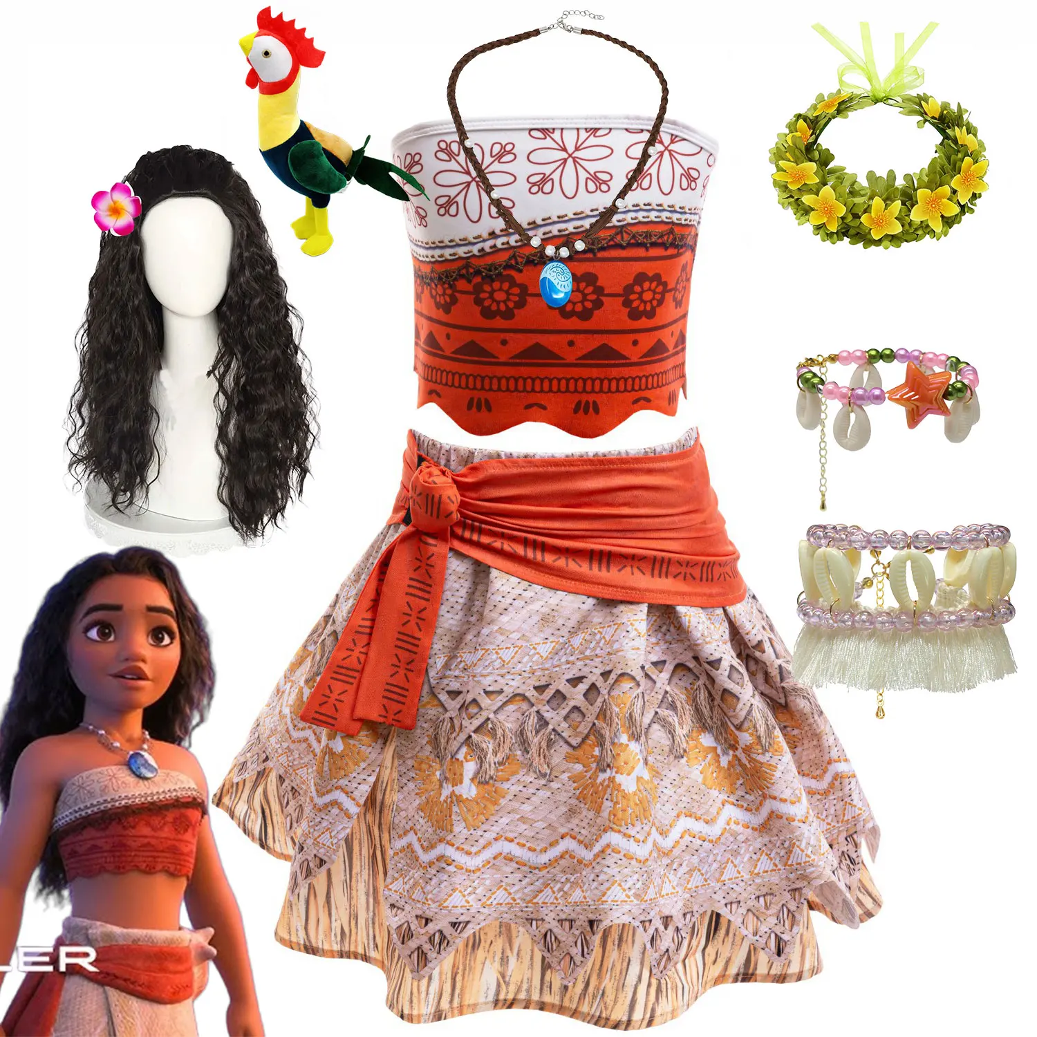 

Disney для ролевых игр, начинающая версия платья в стиле Моаны 2, комплект из 3 предметов: топ + юбка + пояс, карнавальный халат принцессы Вайаны для девочек