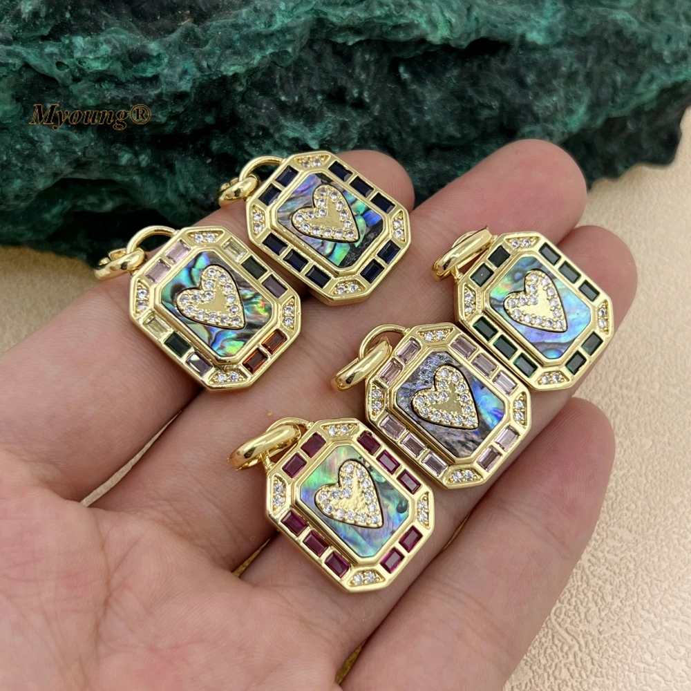 10PCS Wholesale Cubic Zircon Micro Paved Heart Enamel Abalone Shell Crystal Geometric Tarot Charm Pendant HH2303