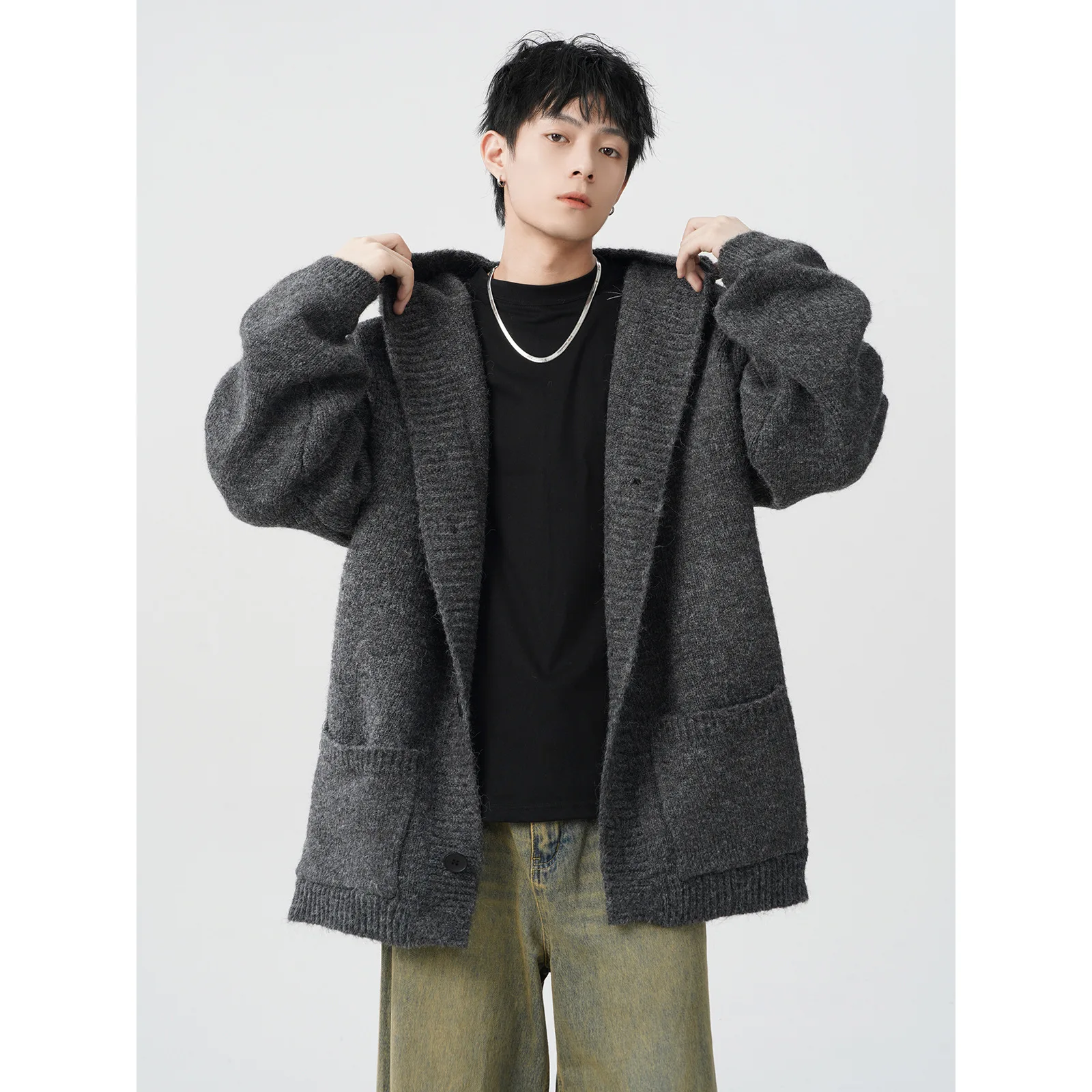 Autumn Winter Hooded Mid-Long Loose Knit Cardigan Men's Casual Outerwear