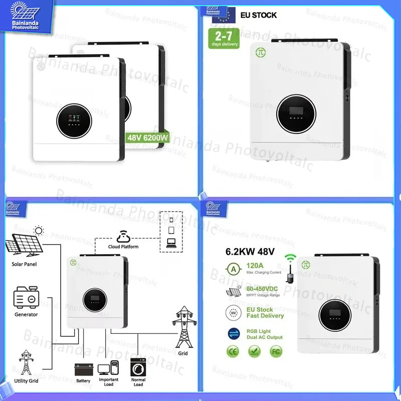 Hybrid Solar Inverter 24V 48V 4.2kW 6.2kW Pure Sine Wave MPPT Inverter with Removable Display Grid Tied Off Grid Inverter