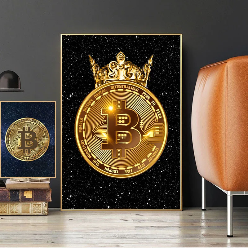 

Glisten Black Golden Crown Bitcoin Posters Prints Money Canvas Painting European Creative Wall Art Interior Home Decor Mural