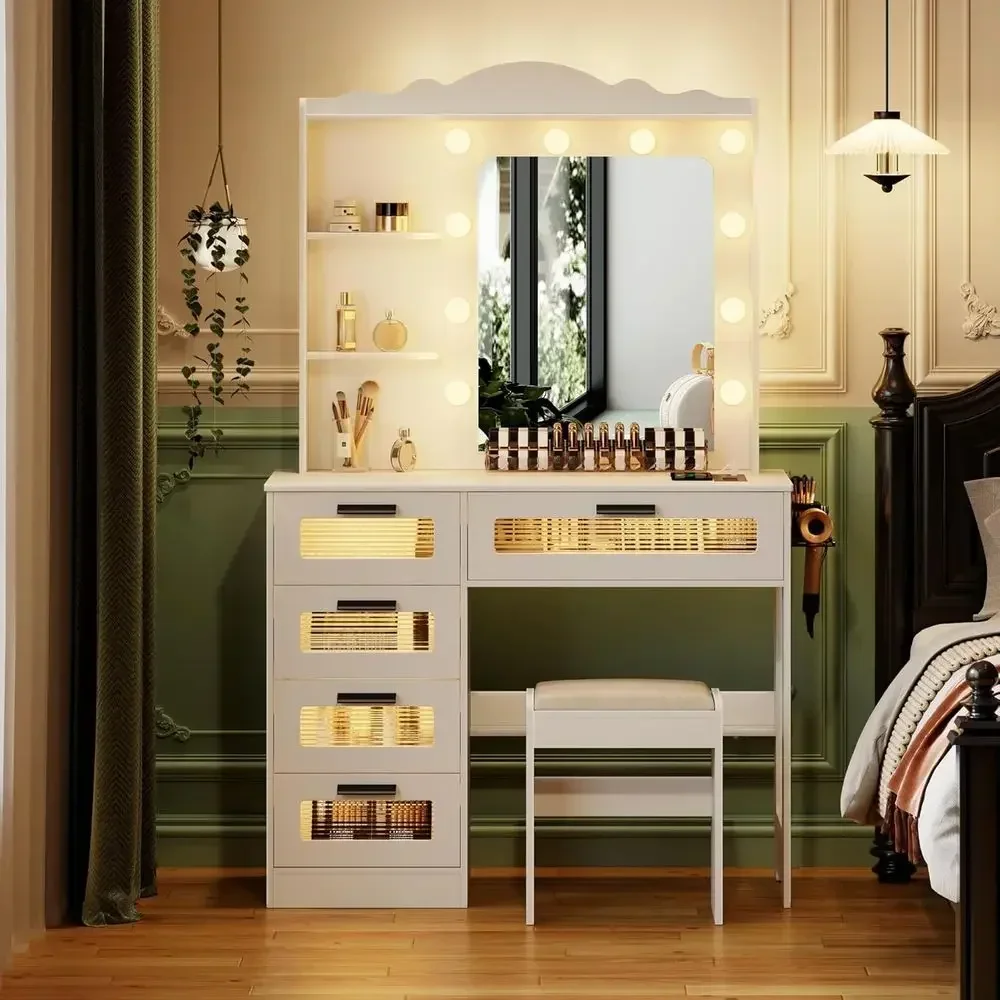 Lighted Makeup Vanity Desk with 5 Drawers & 2 Shelves, USB & Motion Sensor, White