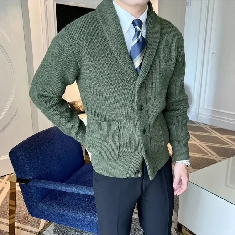 B&C Men's Clothing Cardigan Jacket V Neck Coat Knit Sweater Plaid Elegant Casual Long Sleeve 100% Korean 2024 Autumn Classic