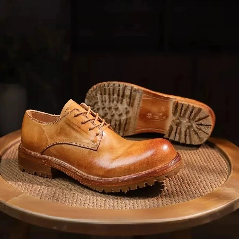 Luxury Men Washed Handmade Derby Leather Shoes Business Casual Genuine Leather Round Toe Thick Sole Dress Shoes Male