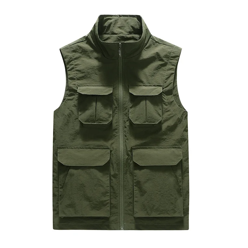 

Spring And Autumn New Vest Men's Loose Fattening Multi-bag Tooling Vest Outdoor Fishing Photography Stand Collar Vest Summer