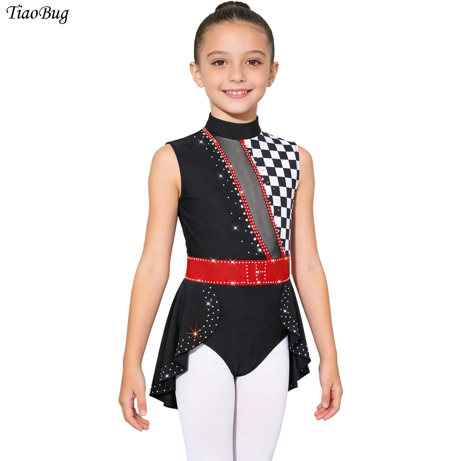 

Girls Circus Ringmaster Costume Halloween Clown Bodysuit Rhinestones Ruffle Skirt Gymnastic Ballet Leotard Checkerboard Jumpsuit