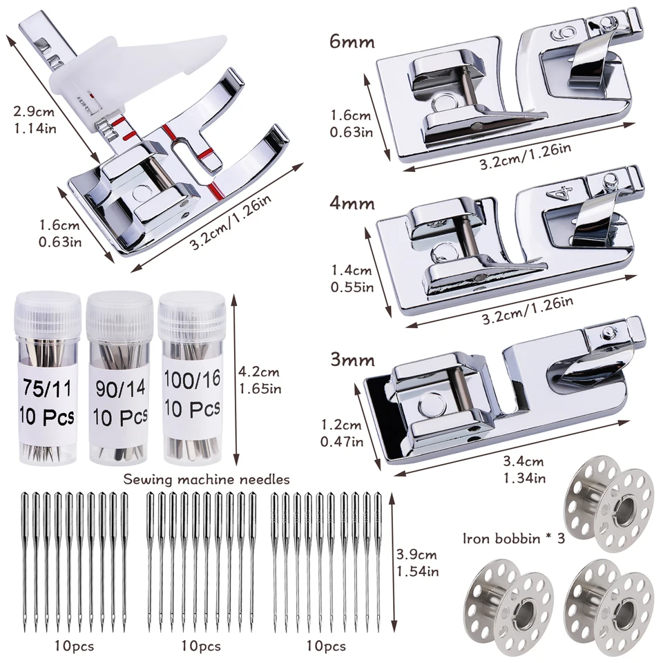 Sewing Machine Presser Foot Set Narrow Rolled Hemming Foot Kit for All Low Shank Snap-On Singer Brother Janome Sewing Machine