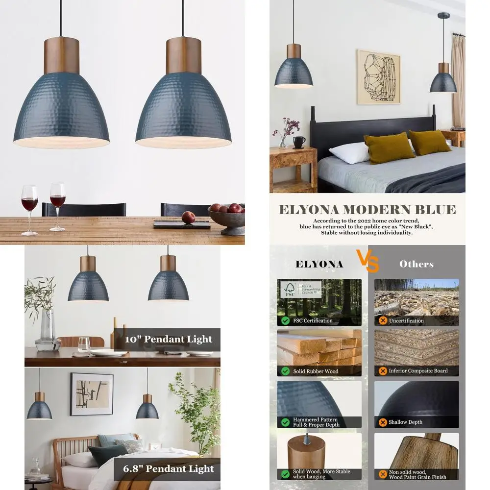 

Подвесные светильники из синего дерева, 10.2 дюйма, регулируемая высота, подходят для промышленного стиля, дома, кухни, столовой, спальни, бара, офиса