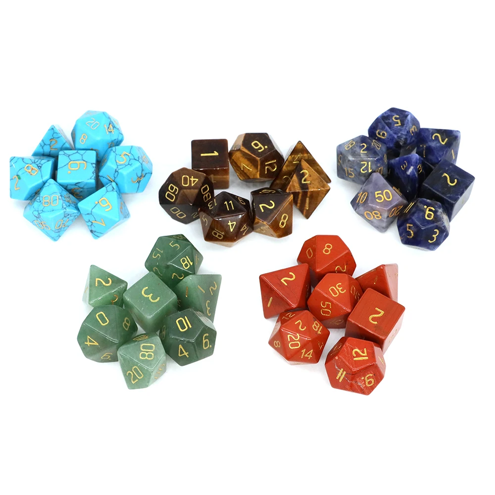 7PC/Set Multicolour Natural Stone Crystal Polyhedral Dice With Pouch DND Role Playing Dragon Board Game Party Energy Chakra Gift