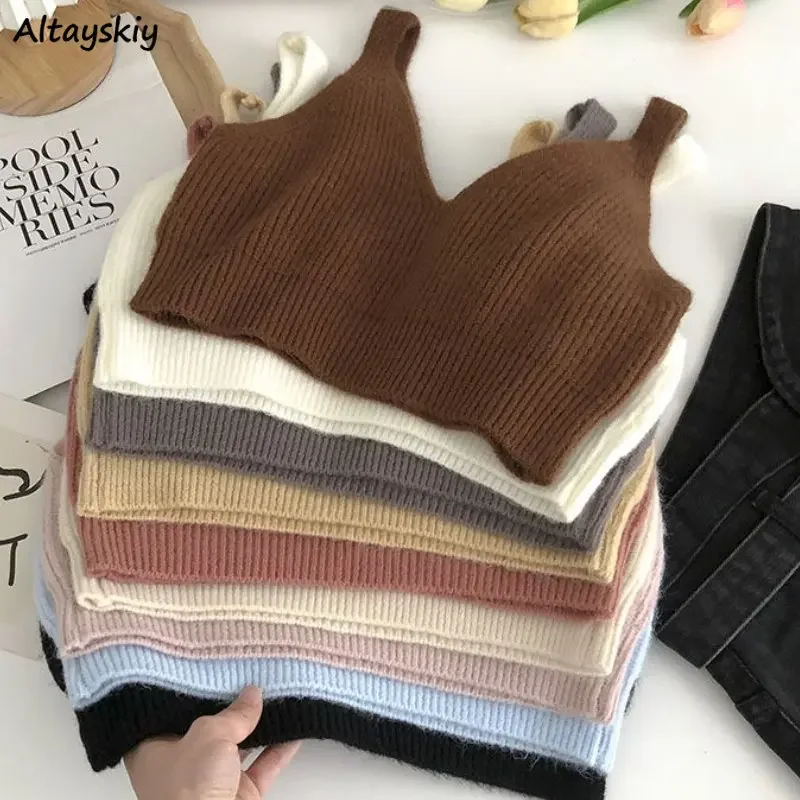 Tanks Women Crop Tops Knitting All-match Spring Solid Simple V-neck Ulzzang Casual Fashion Hotsweet Slim Cozy Female Sleeveless