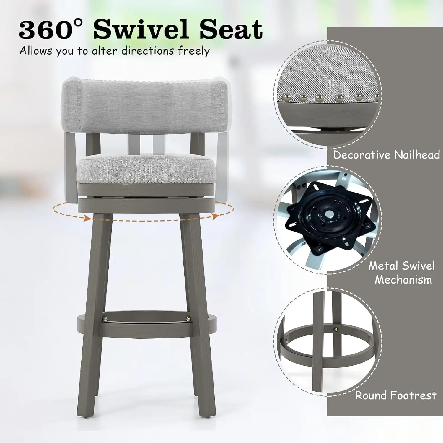 Bar Stool, 27-inch 360° Swivel Barstool with Upholstered Back & Seat, Solid Rubber Wood Legs & Footrest, Farmhouse Count