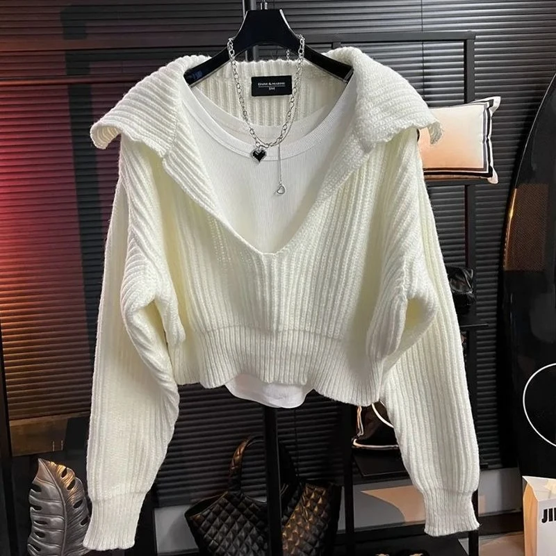 Autumn Fashion High Street Turn Down Deep V Neck Hooides French Knitted Solid Simple Loose Sweater All Match Lazy Pullover