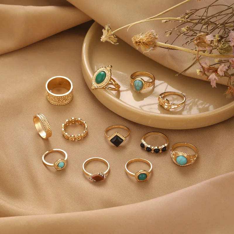 

Набор модных трансграничных колец со встроенным бирюзовым цветком розы, аксессуары из двух предметов для женских колец