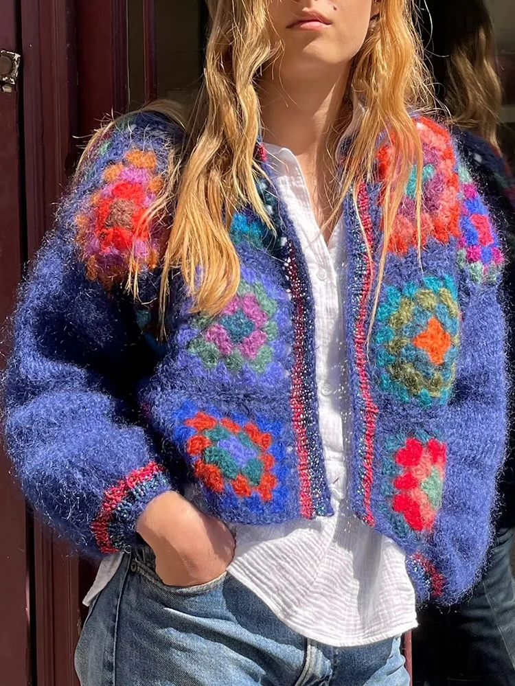 Gypsylady Knitted Block Pattern Sweater Cardigan Handmade Crochet Women Bohemian Cardigan Laides Dames Autumn Blue Bobo Coats