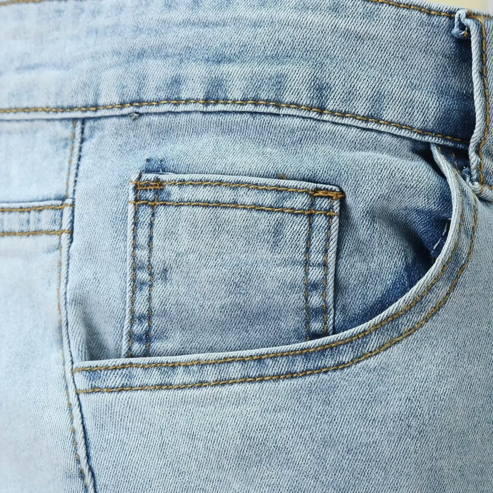 Celana Denim Jeans Celana Panjang Pria Celana Lurus Saku Reguler Kasual Sambungan Ritsleting Sederhana Pinggang Tinggi Solid Berlubang 2024