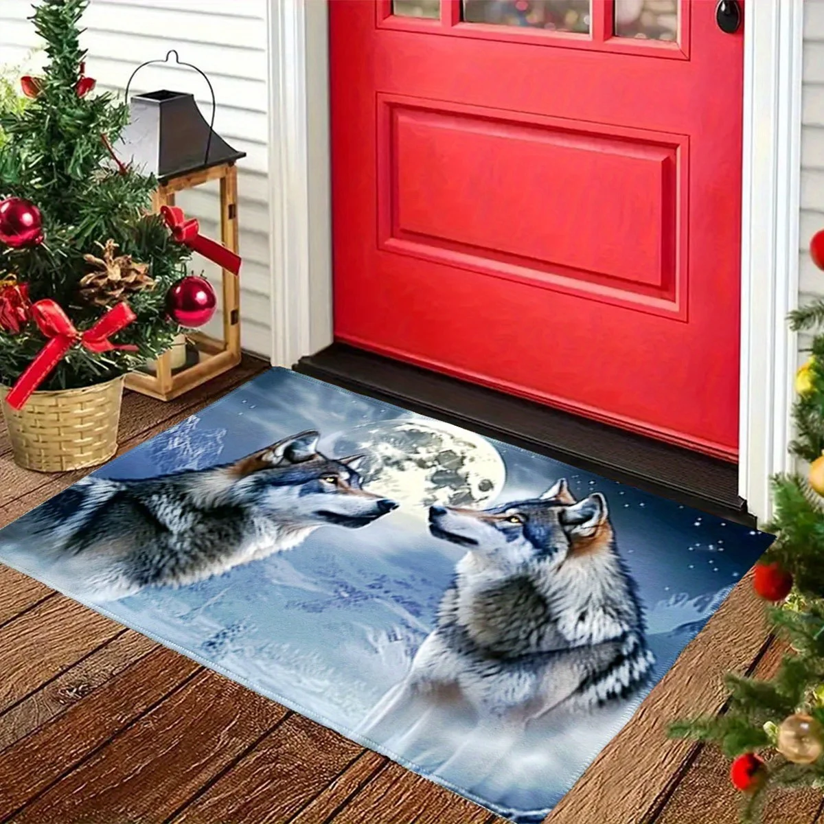 Wolf Moon Doormat Welcome Mat Outdoor Entrance Rug for House Pet Decor Waterproof Wolf Print Forest Trail Mat