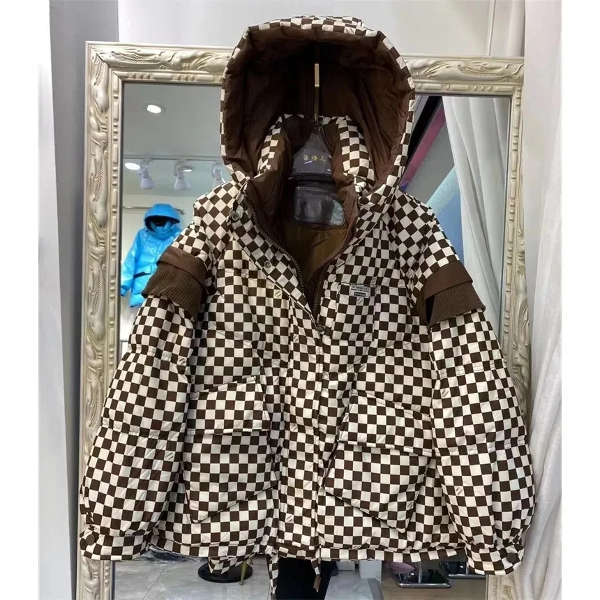 2024 Winter Korean Hooded Plaid Short Cotton Jacket Brown Green Black Loose Pocket Down Cotton Parkas Female Snowwear Outwear