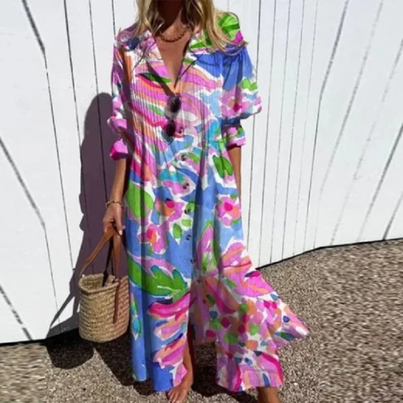 Women's Retro Geometry Circle Print Long Dress, Spring Single Breasted Lapel Shirt Dress, Summer Puff Short Sleeve, A-Line Boho