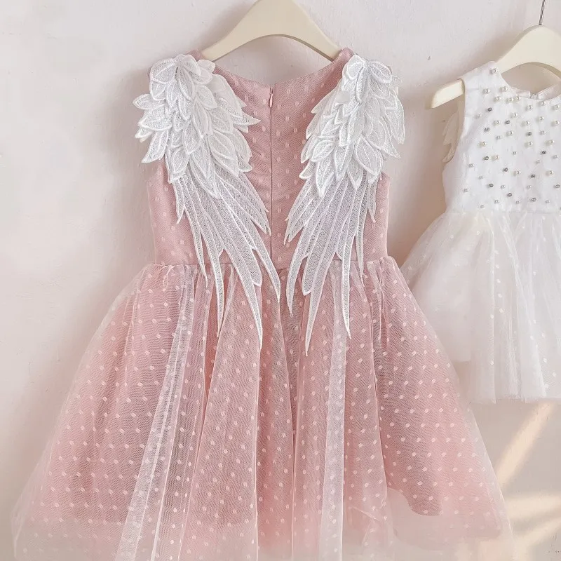 Baby Girl Princess Angel Wing Dress Infant Toddler Child senza maniche Pearl Vestido Party Pageant Birthday Baby Clothes 1-12Y