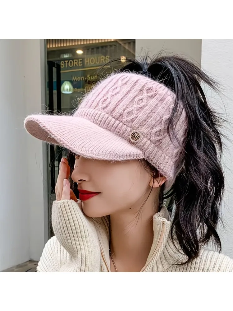 AliExpress NONE Empty Top Sports Knitted Hat, Women's Ponytail Duckbill Hat, Versatile in Autumn and Winter, with Plush Outdoor Woolen Hat