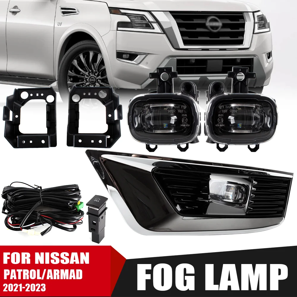 For Nissan Armada Patrol 2021 2022 2023 Front LED Fog Light Assembly Kit Complete Fog Lamp Set With Chrome Bezel Wire Harness Sw