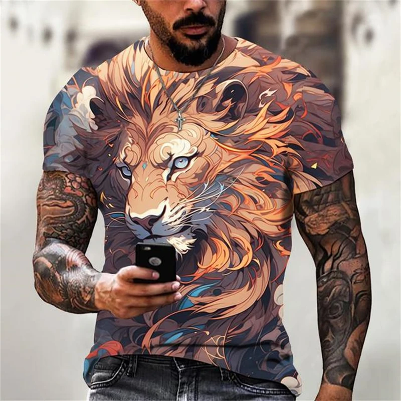 

Funny Animal 3D Print Men's T Shirt Fashion Lion Pattern Short Sleeve Top Casual O-neck Loose Tees Hip Hop Trend Street Clothing