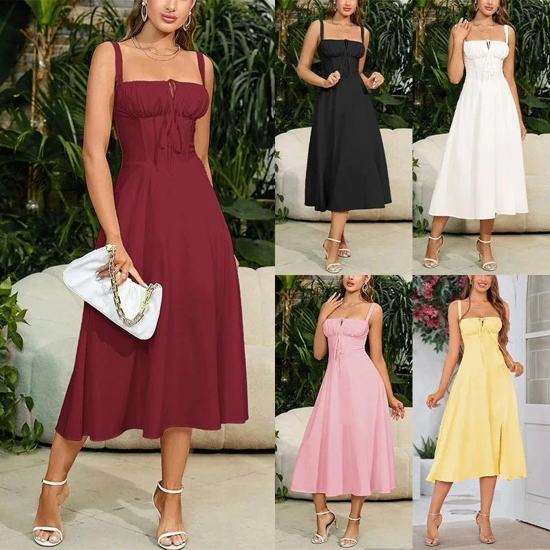 

Summer Sweet Solid Sleeveless Long Dress Women Fashion Bandage Camisole Dresses Padded Boned Robe Elegant Party Vestidos