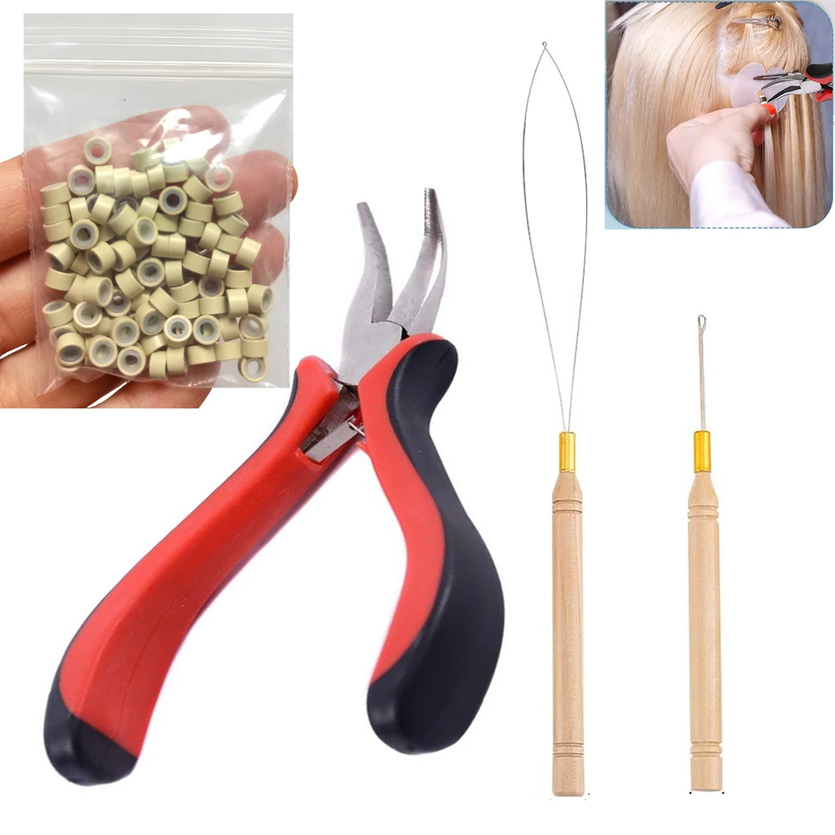 

1 Kit Hair Extensions Threader Pulling Hook & Pliers & 100pcs silicone Rings One Set For Beads Hair Extensions