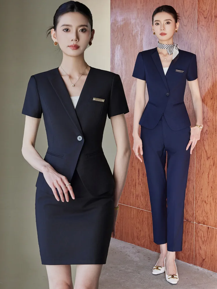 

Женский профессиональный костюм с короткими рукавами, летняя униформа для работы в отеле, ресторане, клубе и ювелирном магазине.