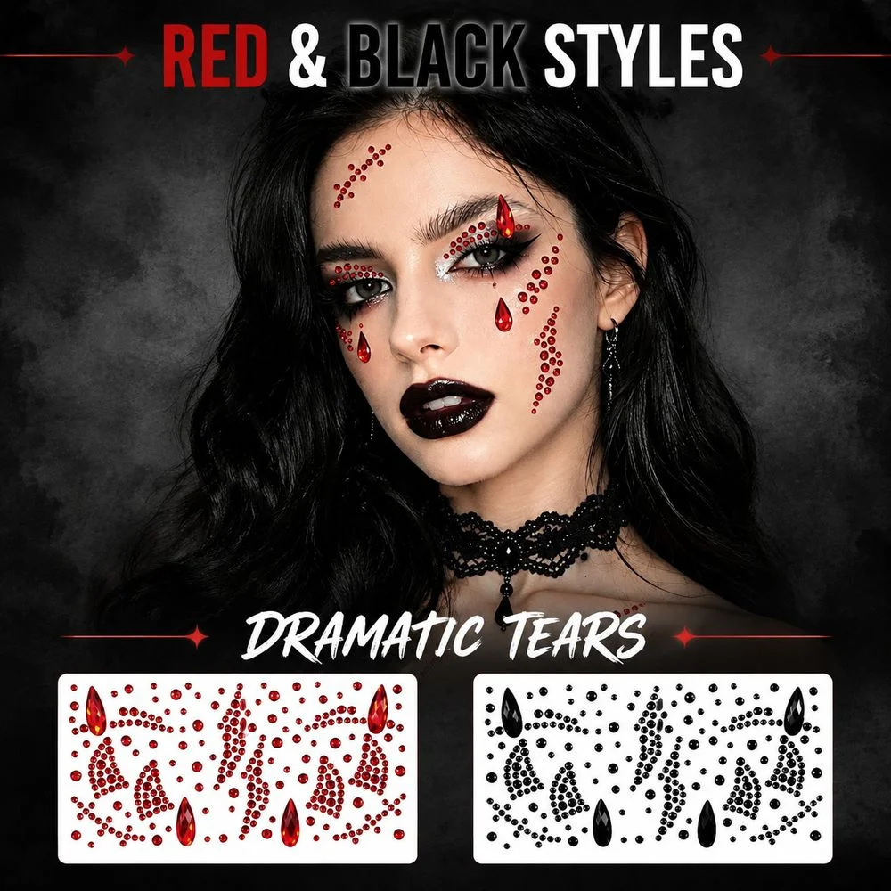 1Pc Carnival Cosplay Face Gem Stickers Two‑Color Red Black Mixed‑Size Blood‑Tear Rhinestone For Halloween Stage Performance
