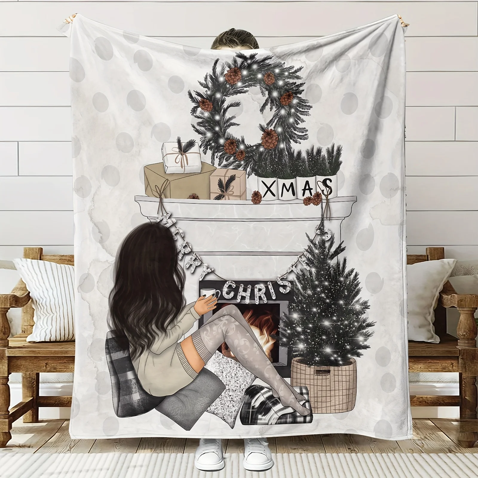 Contemporary Printed Flannel Throw Blanket All-Season Cozy Soft Knitted Blanket with Digital Fireplace Christmas Tree Design