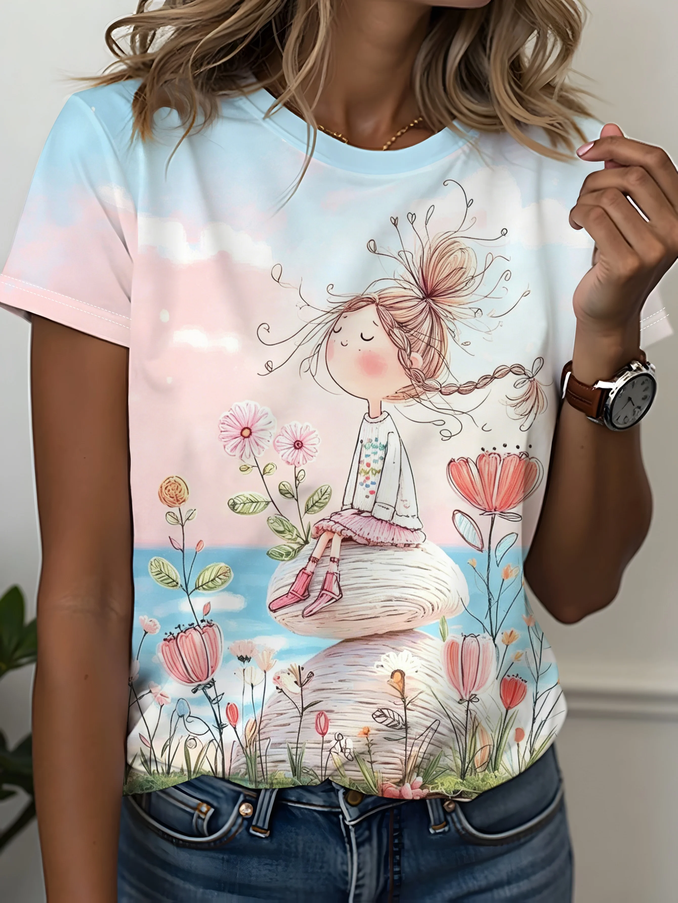 Women Trendy Art Print T‑Shirt Sweet Cartoon Girl Sitting On Stone Floral Seaside Doodle Design Short Sleeve Crew Neck Daily Tee