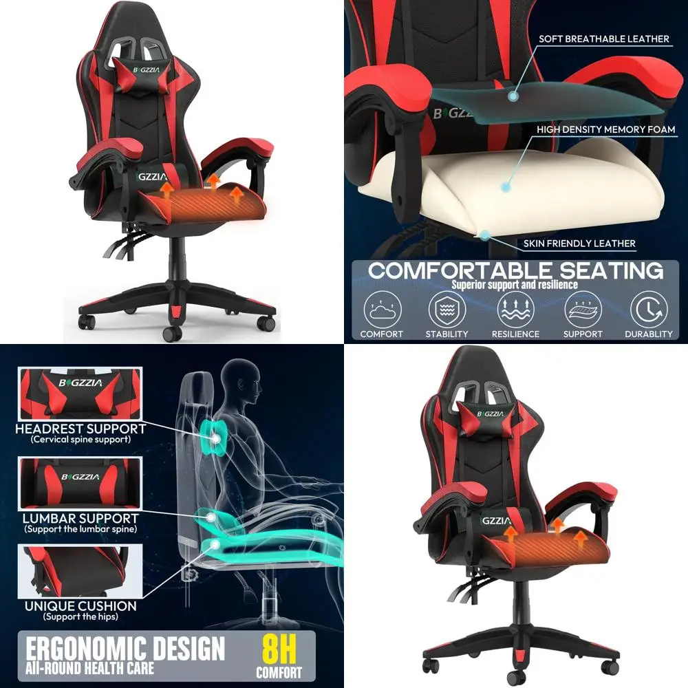 

Ergonomic Gaming Chair with Heated Cushion, Lumbar Support, Pillow, and 360° Swivel for Adults in Red