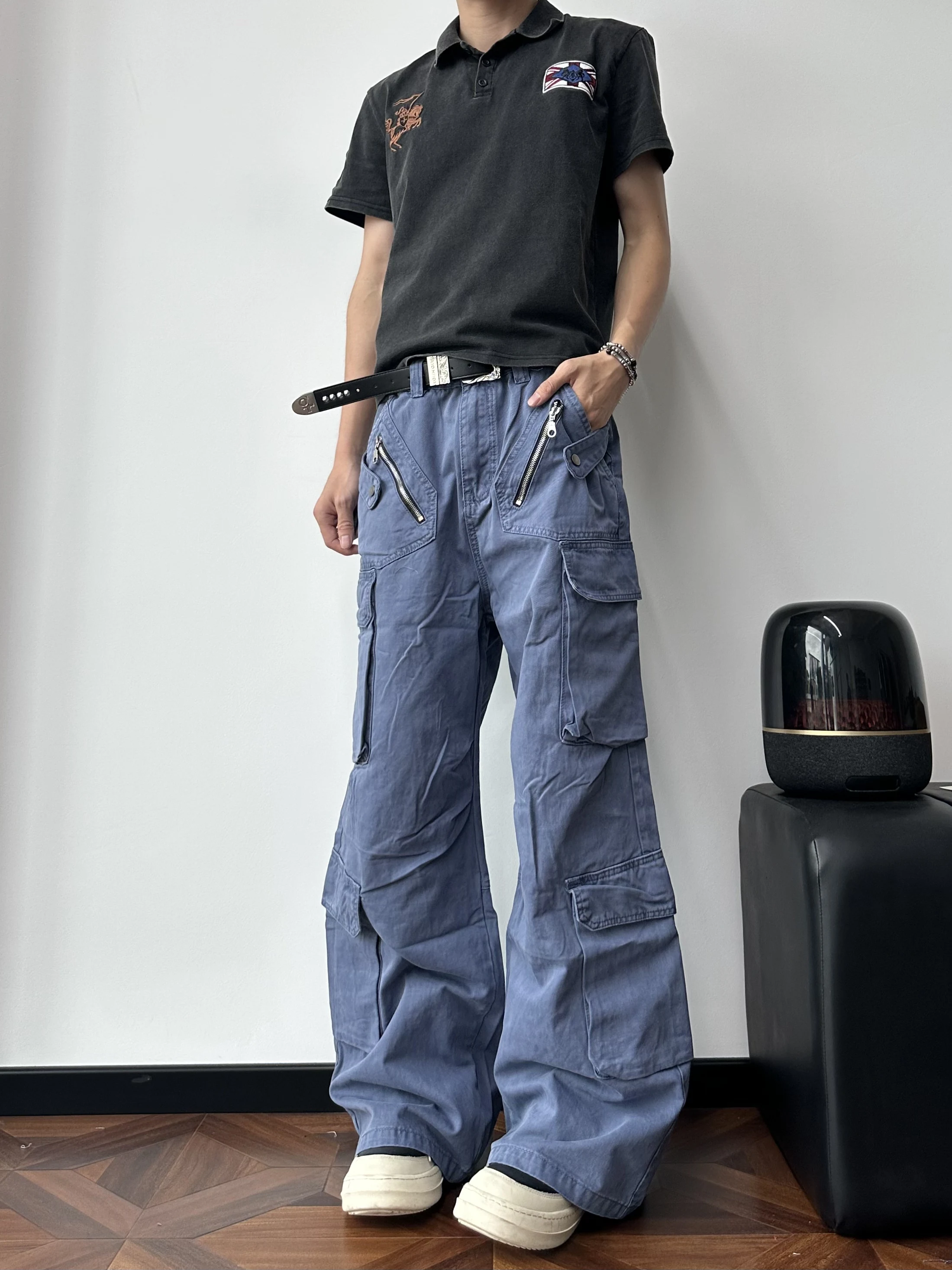 American Style Street Retro Heavyweight Functional Multi-Pocket Zipper Work Pants Loose Casual Wide Leg Long Trousers
