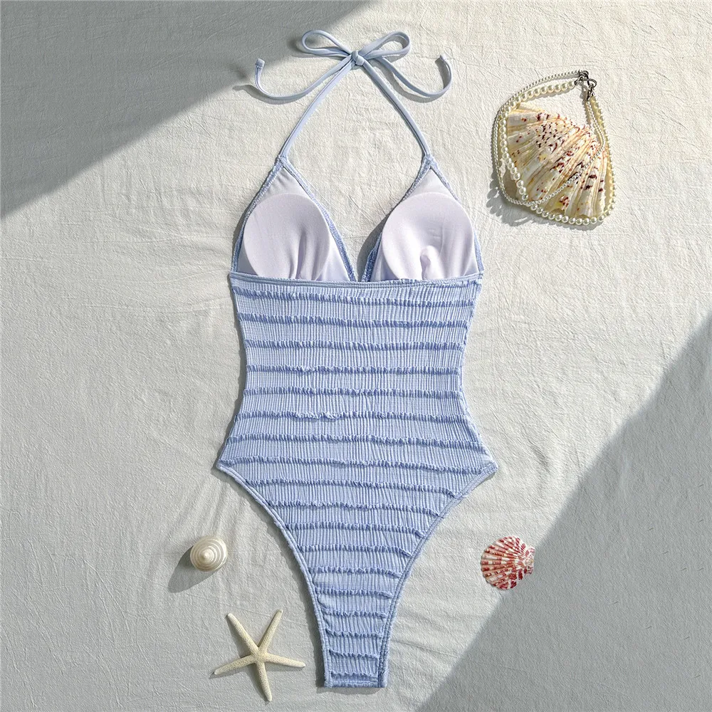 Shiny Starfish Light Blue Swimwear Sexy Halter Backless One Piece Swimsuit Women Monokini 2026 summer Swimming Wear Bathing Suit