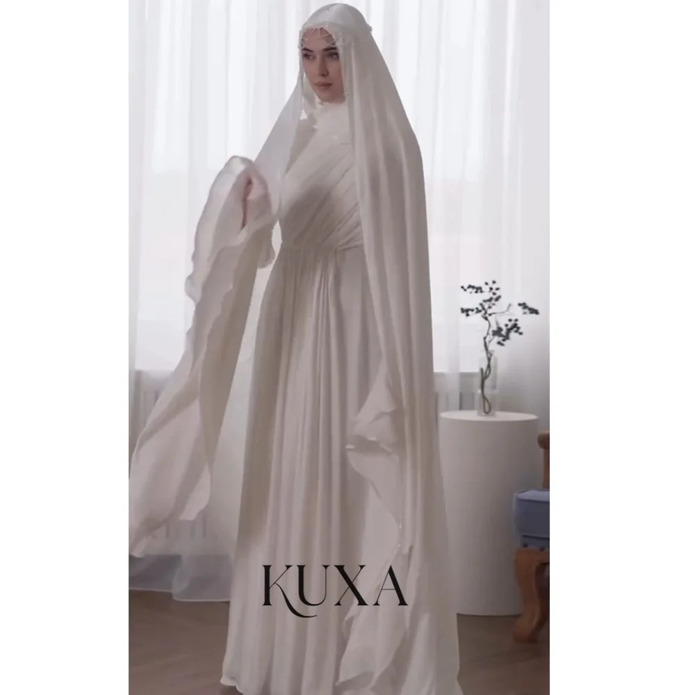 KUXA Customized Pleated A-Line Muslim Wedding Dresses Floor-Length Long Sleeves with Hijab Bridal Gowns For Women robe de mariée