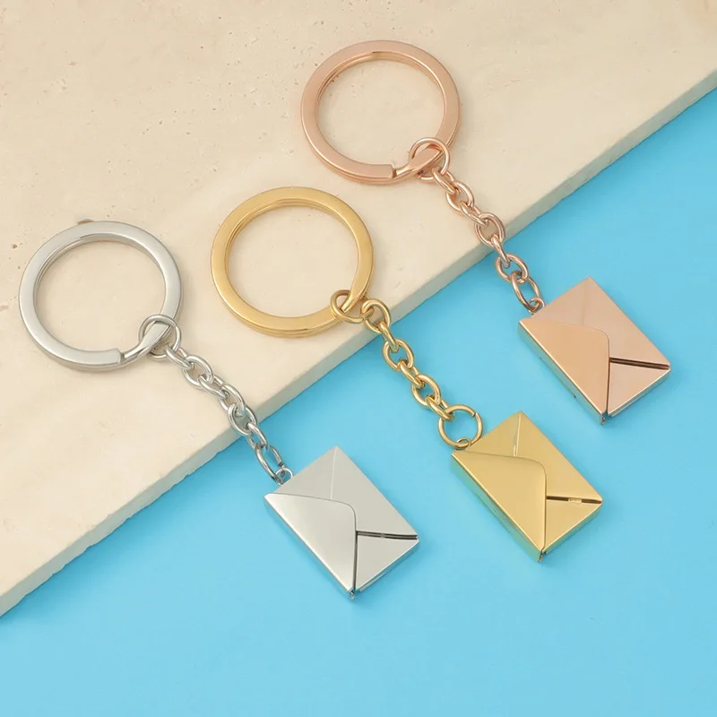 10 Pieces of Personalized Creative Stainless Steel Envelope Keyring Letter Paper With Extractable  Support Laser Engraving